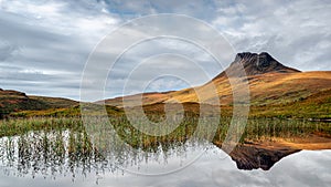 Reflections of Stac Pollaidh in a still loch