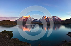 sunrise at Lago Pehoe, Torres del Paine national park photo