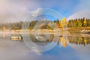 Reflections on the surface of the lake. Vivid colours during dawn. Natural landscape. Banff National Park, Alberta, Canada