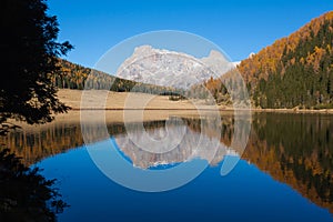 Reflections on water, autumn panorama from mountain lake