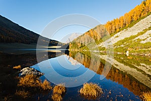 Reflections on water, autumn panorama from mountain lake