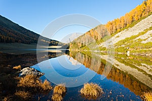 Reflections on water, autumn panorama from mountain lake