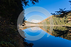 Reflections on water, autumn panorama from mountain lake