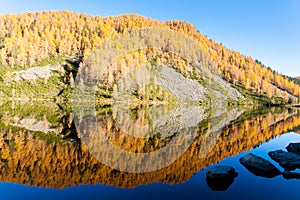 Reflections on water, autumn panorama from mountain lake