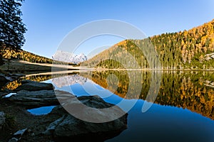 Reflections on water, autumn panorama from mountain lake