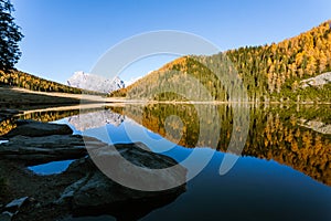 Reflections on water, autumn panorama from mountain lake