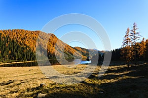 Reflections on water, autumn panorama from mountain lake