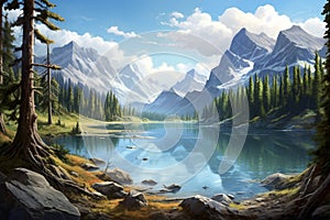 Reflective Alpine Lake Scenery. Generative AI