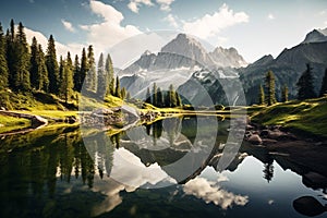 Reflective Alpine Lake Scenery. Generative AI