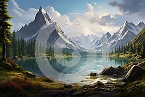 Reflective Alpine Lake Scenery. Generative AI