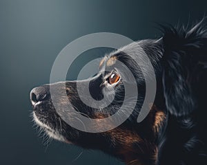 Reflective Dog Gazing in Moody Lighting, A contemplative black and tan dog with soulful eyes captured in moody, dramatic lighting