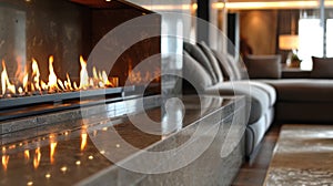 The reflective fireplace surround reflects the surrounding decor creating a cohesive and harmonious design. 2d flat photo