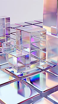 Reflective geometric blocks in a holographic dreamscape. AI generated