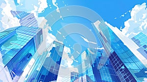 Reflective glass skyscrapers against a blue sky with clouds, Modern office buildings banner. Ai Generated