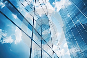 Reflective glass skyscrapers and business office buildings with blue sky in the background