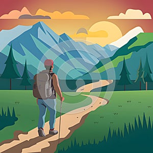 Reflective journey person hikes mountain trail, seeking introspective clarity