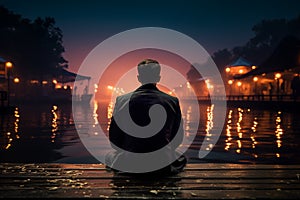 Reflective night suited man sits at dock edge in contemplation