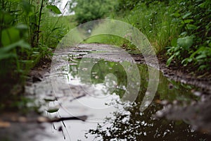 reflective puddles on path after rain, with softfocus vegetation beyond