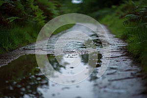 reflective puddles on path after rain, with softfocus vegetation beyond