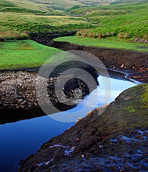 Reflective river stream surrounded by grassland, moorland.