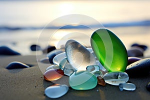 reflective sea glass, pebbles, seashells on a wet sand