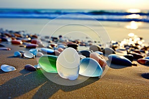 reflective sea glass, pebbles, seashells on a wet sand