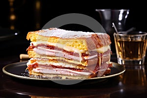 reflective shot of a monte cristo sandwich on a glossy table photo
