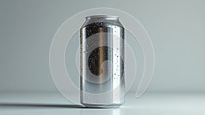 Reflective silver can with condensation showing freshness and drinkability, illuminated in minimalistic setting photo
