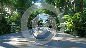 Reflective silver orb shines brightly in a modern jungle city surrounded by lush greenery and vibrant palm trees photo