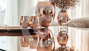 The reflective surface of rose gold home decor elements, imparting a touch of opulence to the