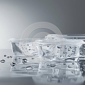 On a reflective surface, two clear plastic storage containers are stacked