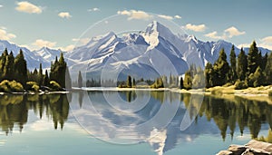 Reflective Tranquility: A Mountain Lake Mirroring Majestic Peaks and Verdant Trees, Generative AI photo