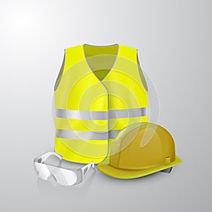 Reflective vest, protective glasses and helmet on a plain background