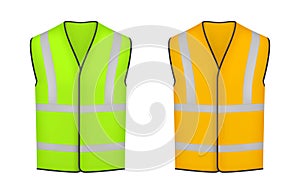 Reflective vests realistic set. High visibility work uniform green  orange design with strips