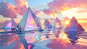 Reflective water surface with pyramidshaped objects under a sunset sky