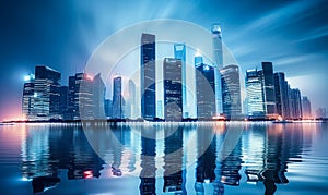 Reflective Waterfront Panorama of Modern City Skyline with Skyscrapers and Bright Blue Sky at Dusk, Urban Architecture and