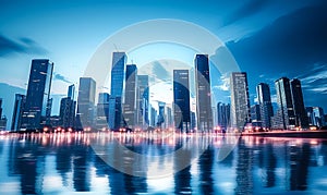 Reflective Waterfront Panorama of Modern City Skyline with Skyscrapers and Bright Blue Sky at Dusk, Urban Architecture and