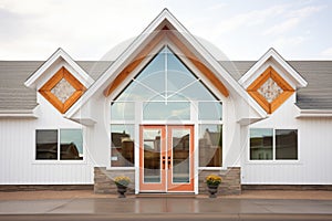 reflective windows on a gabled farmhouse entrance