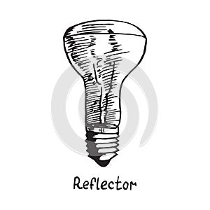 Reflector lamp type, woodcut style design, hand drawn doodle, sketch