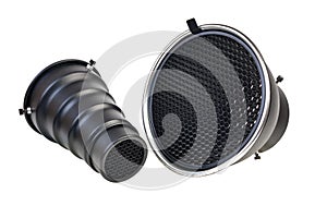 Reflector and snut with honeycomb grid accessory for studio strobes and flashes Isolated on White Background