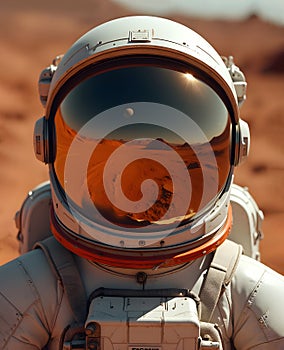 Refletion of the red surface of the planet Mars, reflecting from the astronauts visor
