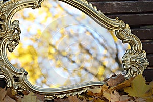 Reflexion in a mirror of autumn leaves on maple branches