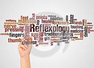 Reflexology word cloud and hand with marker concept
