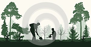 Reforestation, planting trees in forest. Man and child plant bare tree and fir trees, silhouette. Vector illustration photo