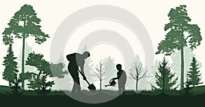 Reforestation, planting trees in forest. Man and child plant bare tree and fir trees, silhouette. Vector illustration