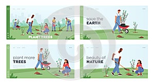 Reforestation, World Environment Day Landing Page Template Set. Characters Planting Seedlings and Growing Trees