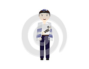 Reform Jewish boy with tefillin and tallit vector illustration. Boy celebrating Bar mitzvah, yom kippur, rosh hashanah, Jewish hol