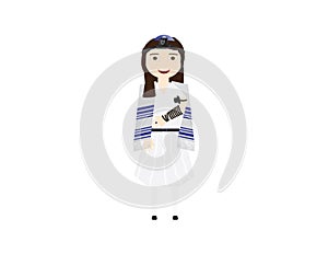 Reform Jewish girl with tefillin and tallit vector illustration. Girl celebrating Bat mitzvah, yom kippur, rosh hashanah, Jewish h
