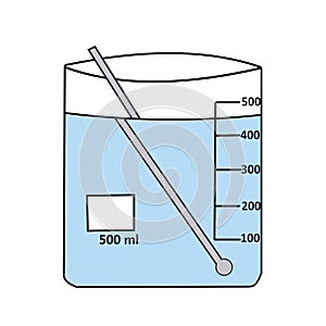 Refraction of light through water and beaker with stirring rod