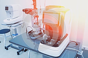 Refractometry and keratometry. Refraction test. Modern Optometry equipment.